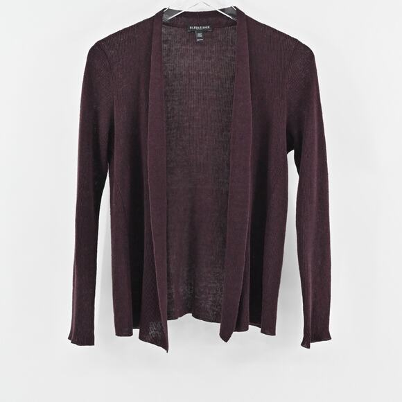 EILEEN FISHER Cardigan Sweater Womens‎ Size PP Dark Burgundy Organic Linen Knit - Picture 1 of 12
